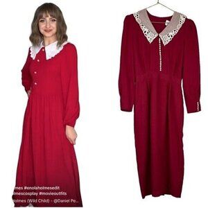 Vintage Farmhouse Lace Collar Red Cottagecore 80sParty Dress Size Small